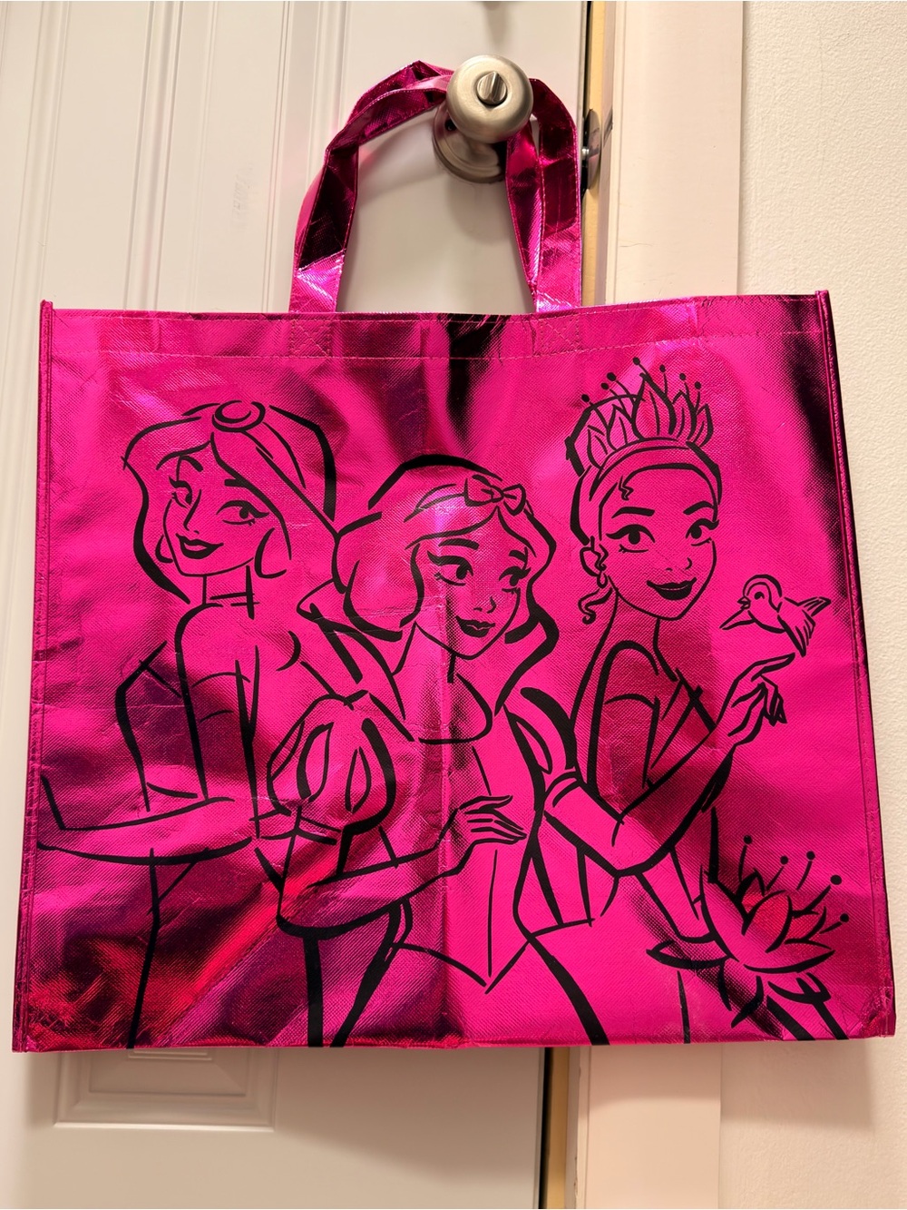 Girls' Pink Metallic Tote Bag with Princess Design